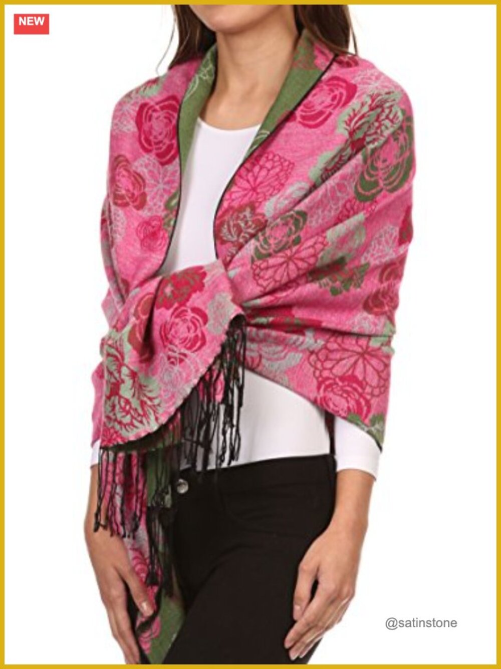 Floral Pashmina Shawl Wrap with Fringe | Cashmere Feel